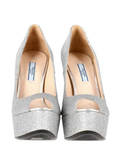 Pre-owned Prada Peep-toe Platform Pumps In Silver