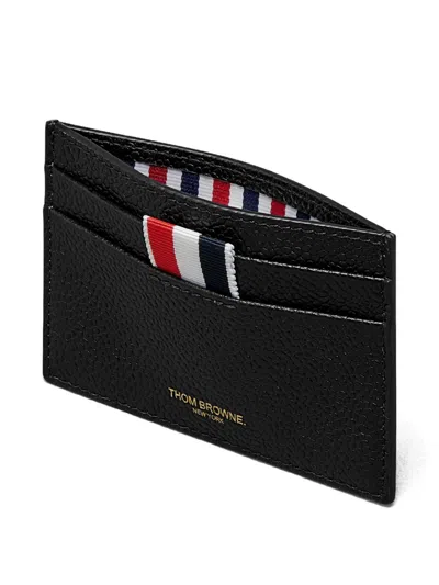 Thom Browne Textured Cowhide Leather Card Wallet With Iconic Striped Tab In Black