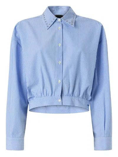 Pinko Charita Light Blue Shirt With Embellished Classic Collar And All-over Striped Motif In Cotton Woman