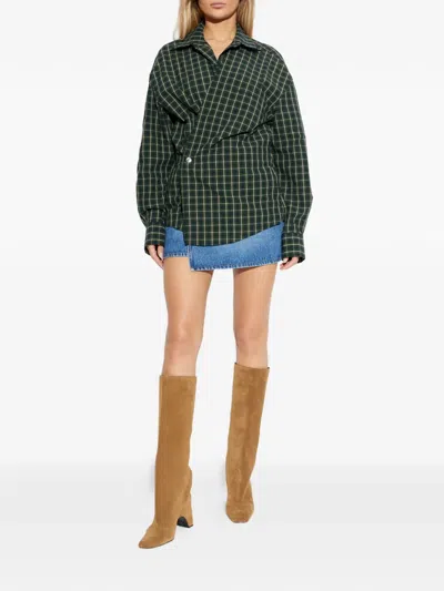 Alexander Wang Long Sleeve Check & Denim Wrap Dress In Green