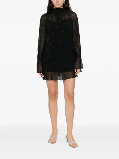 Staud Roux Crystal-embellished Gathered Crepon Mini Dress In Black