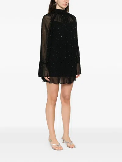 Staud Roux Crystal-embellished Gathered Crepon Mini Dress In Black