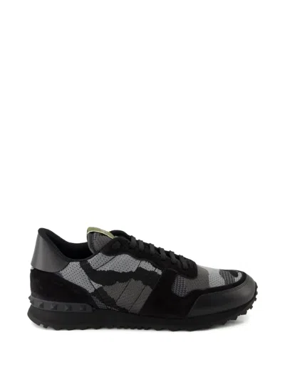 Valentino Garavani Mans Rockrunner Camouflage Noir Leather And Fabric Sneakers In Black