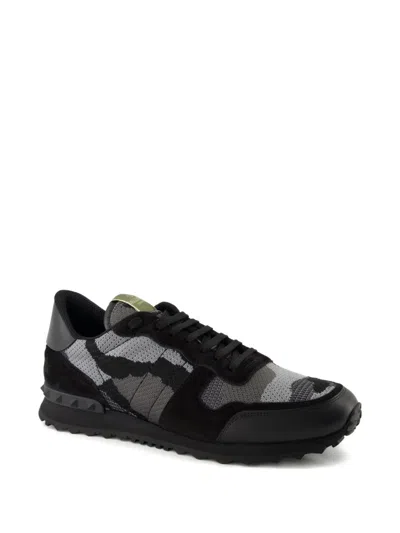 Valentino Garavani Mans Rockrunner Camouflage Noir Leather And Fabric Sneakers In Black