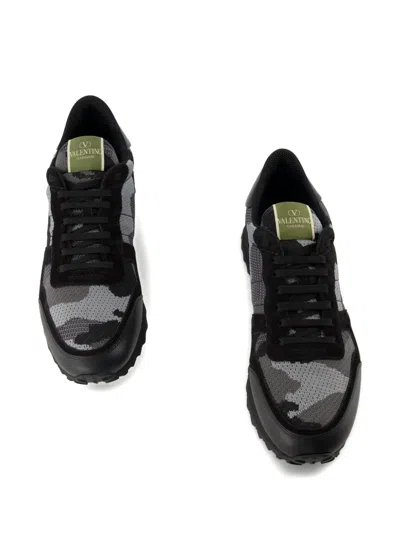 Valentino Garavani Mans Rockrunner Camouflage Noir Leather And Fabric Sneakers In Black