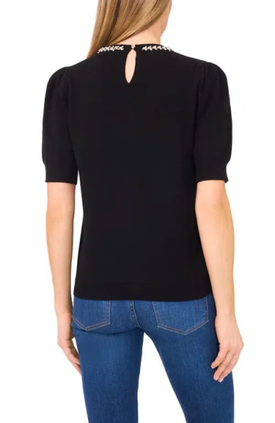 Cece Embellished Collar Short Sleeve Cotton Sweater In Black