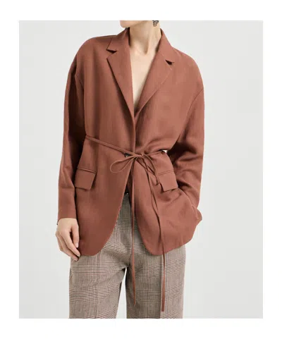 Brunello Cucinelli Women Fluid Viscose And Linen Twill Jacket With Jewellery In Brown