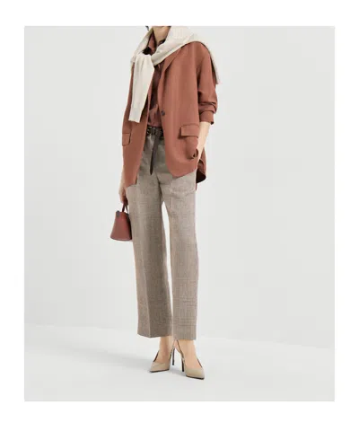 Brunello Cucinelli Women Fluid Viscose And Linen Twill Jacket With Jewellery In Brown