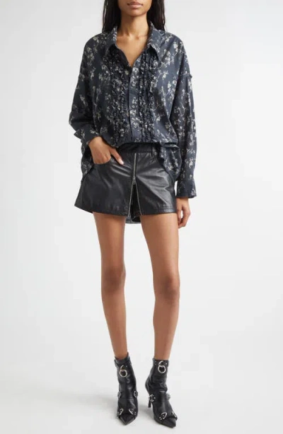 R13 Front Zip Leather Skort In Black