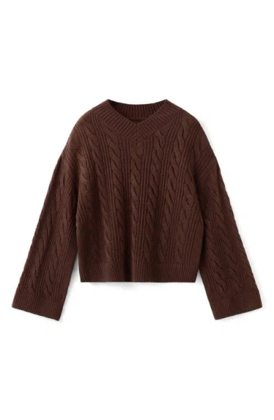 Mango Cable V-neck Sweater In Brown