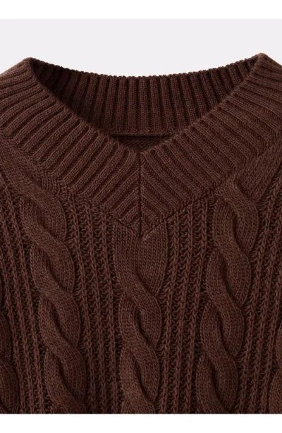 Mango Cable V-neck Sweater In Brown