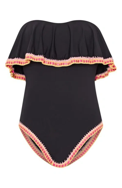 Milly Strapless Crochet Ruffle One-piece Swimsuit In Black