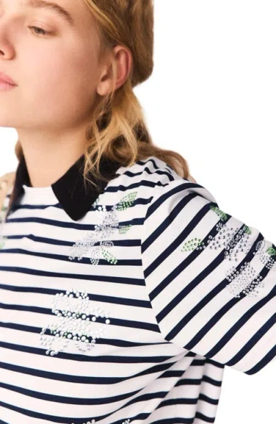 Maje Womens White Striped Crystal-flower Cotton-jersey T-shirt In Multi