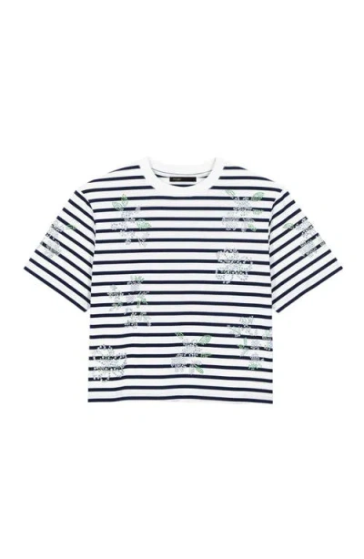 Maje Womens White Striped Crystal-flower Cotton-jersey T-shirt In Multi