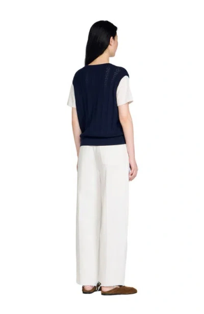 Sandro Layered Effect Pointelle Knit Sweater In Blue