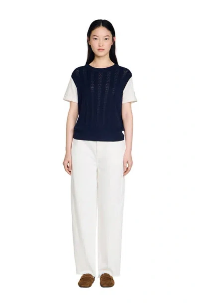 Sandro Layered Effect Pointelle Knit Sweater In Blue