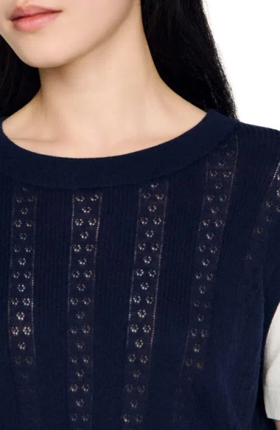 Sandro Layered Effect Pointelle Knit Sweater In Blue