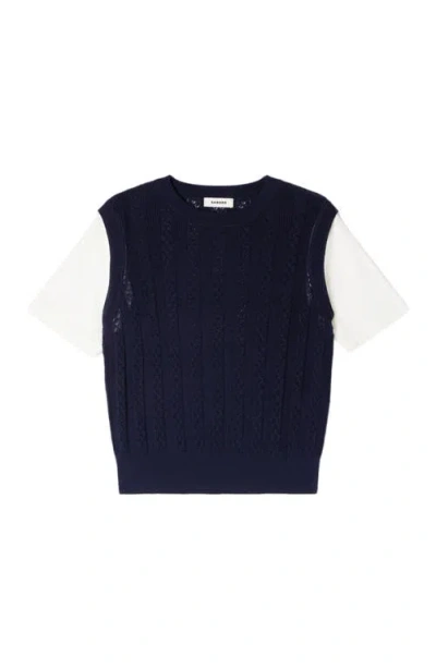 Sandro Layered Effect Pointelle Knit Sweater In Blue