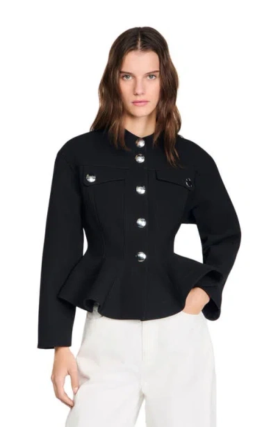 Sandro Womens Black Peplum-hem Cropped Woven Jacket