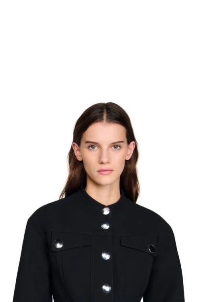 Sandro Womens Black Peplum-hem Cropped Woven Jacket