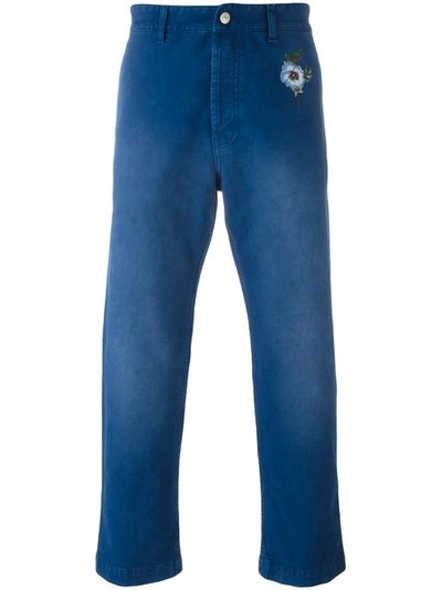 Gucci Embroidered Stretch-denim Cropped Trousers In Blue