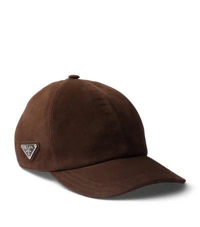 Prada Triangle Logo Suede Baseball Cap In Brown