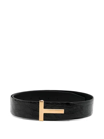 Tom Ford Brown Belt With T-plaque On The Front In Grained Leather Man In Black