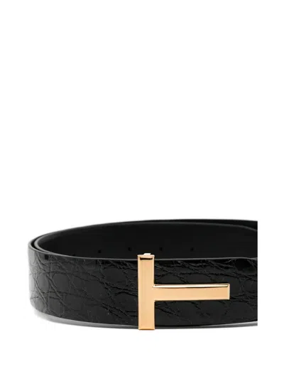 Tom Ford Brown Belt With T-plaque On The Front In Grained Leather Man In Black