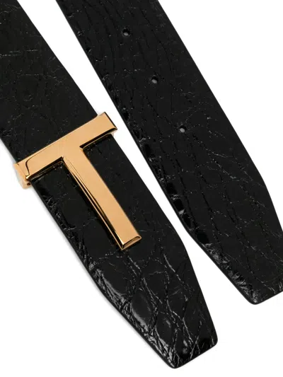 Tom Ford Brown Belt With T-plaque On The Front In Grained Leather Man In Black