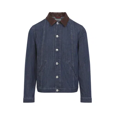 Brunello Cucinelli Men Lightweight Denim Jacket With Leather Collar In Animal Print