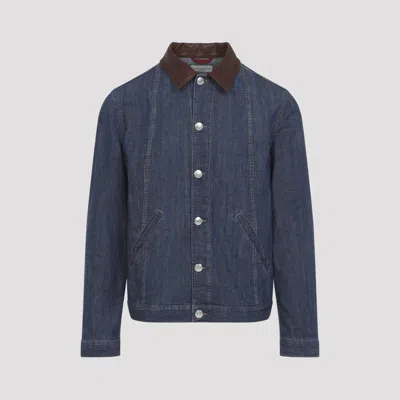 Brunello Cucinelli Men Lightweight Denim Jacket With Leather Collar In Animal Print