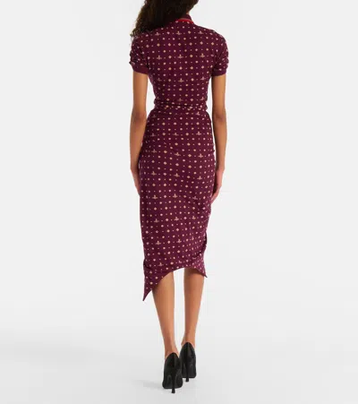 Vivienne Westwood Floral Ruched Dress Asymmetric Hem Short Sleeves In Burgundy