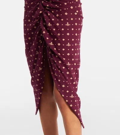 Vivienne Westwood Floral Ruched Dress Asymmetric Hem Short Sleeves In Burgundy