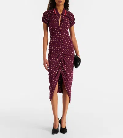 Vivienne Westwood Floral Ruched Dress Asymmetric Hem Short Sleeves In Burgundy