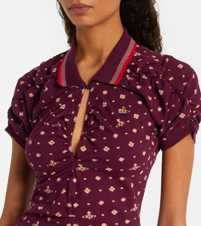 Vivienne Westwood Floral Ruched Dress Asymmetric Hem Short Sleeves In Burgundy