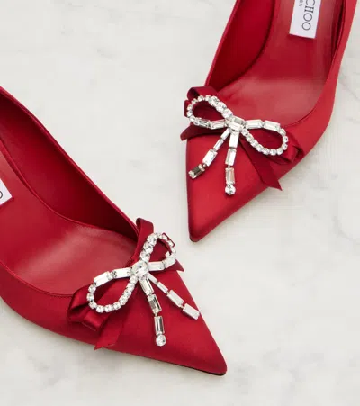 Jimmy Choo Aura 70 Crystal Bow-embellished Satin Pumps In Red