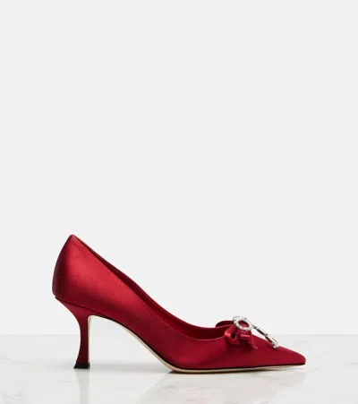 Jimmy Choo Aura 70 Crystal Bow-embellished Satin Pumps In Red
