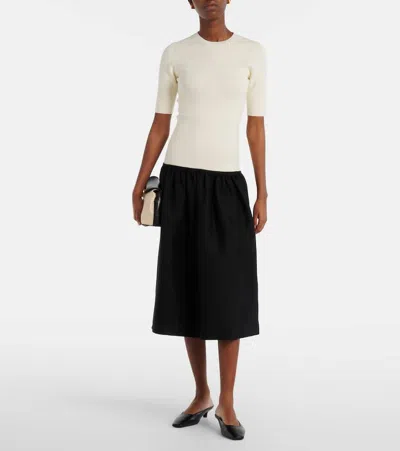 Totême Twinflower Gathered Ribbed-knit And Wool And Silk-blend Crepe Midi Dress In White