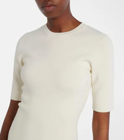 Totême Twinflower Gathered Ribbed-knit And Wool And Silk-blend Crepe Midi Dress In White