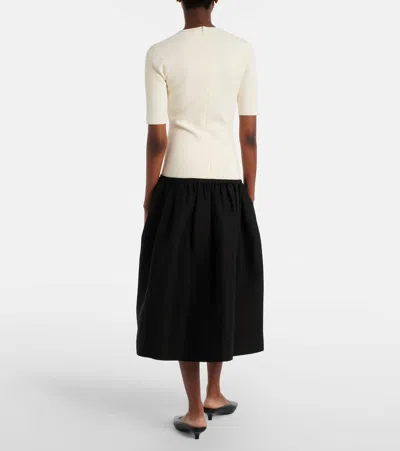 Totême Twinflower Gathered Ribbed-knit And Wool And Silk-blend Crepe Midi Dress In White