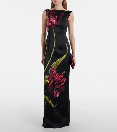 Erdem Floral-print Duchess Satin Sleeveless Gown In Black