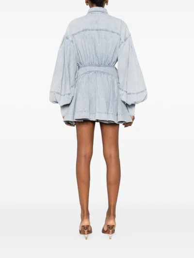 Zimmermann Rebellion Gathered Denim Mini Wrap Dress In Blue
