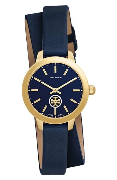 Tory Burch Collins Goldtone Stainless Steel & Leather Double-wrap Strap Watch/navy In Blue