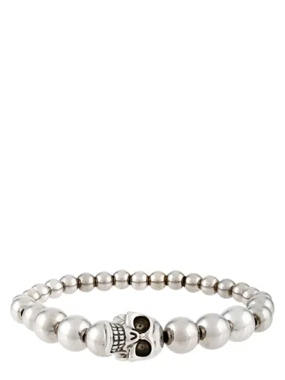 Alexander Mcqueen Skull Multi-bead Brass Bracelet In Silver