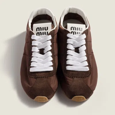 Miu Miu Fabric And Suede Low Top Sneakers Contrast Sole In Brown