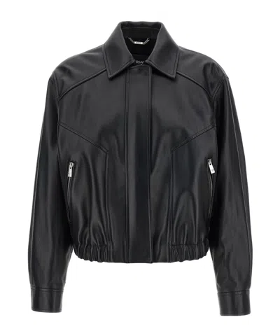 Versace Leather Jacket Collared Neck Button Cuffs Hem In Black