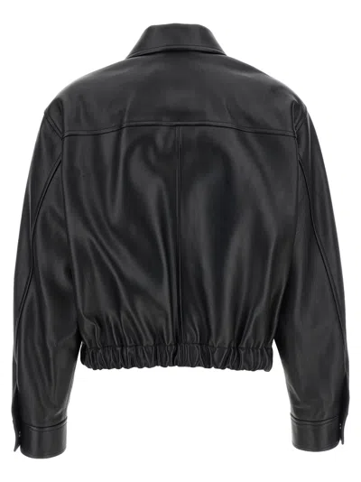Versace Leather Jacket Collared Neck Button Cuffs Hem In Black