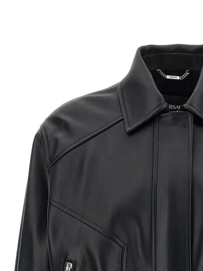 Versace Leather Jacket Collared Neck Button Cuffs Hem In Black