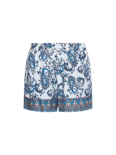 Etro Men Powder Blue Paisley Ramage-printed Swim Shorts In White