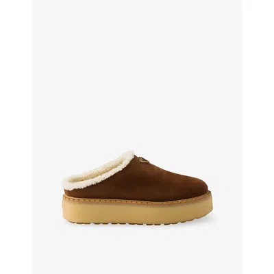 Prada Brown Suede Mules With Shearling Trim And Plush Lining In Blue